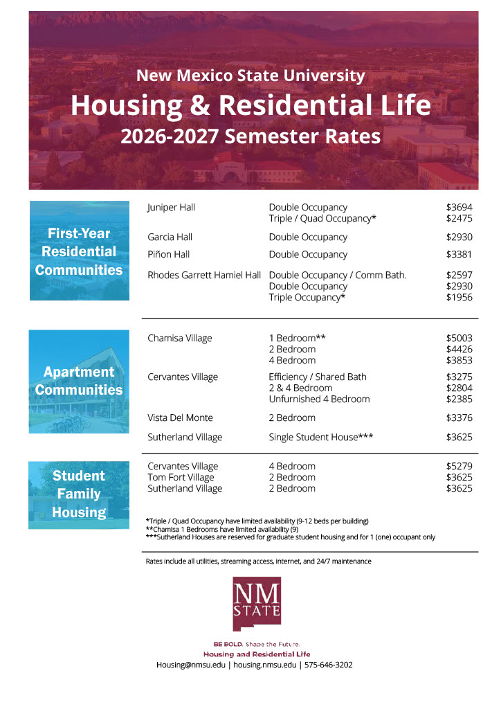 2026-2027 Housing Rate Sheet