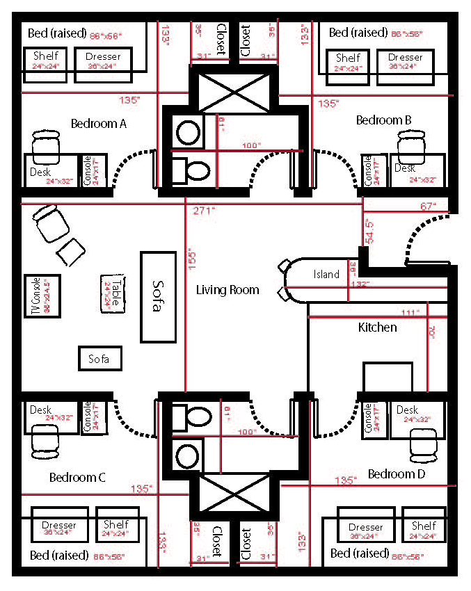 floor plan of a four bedroom apartment in Chamisa village