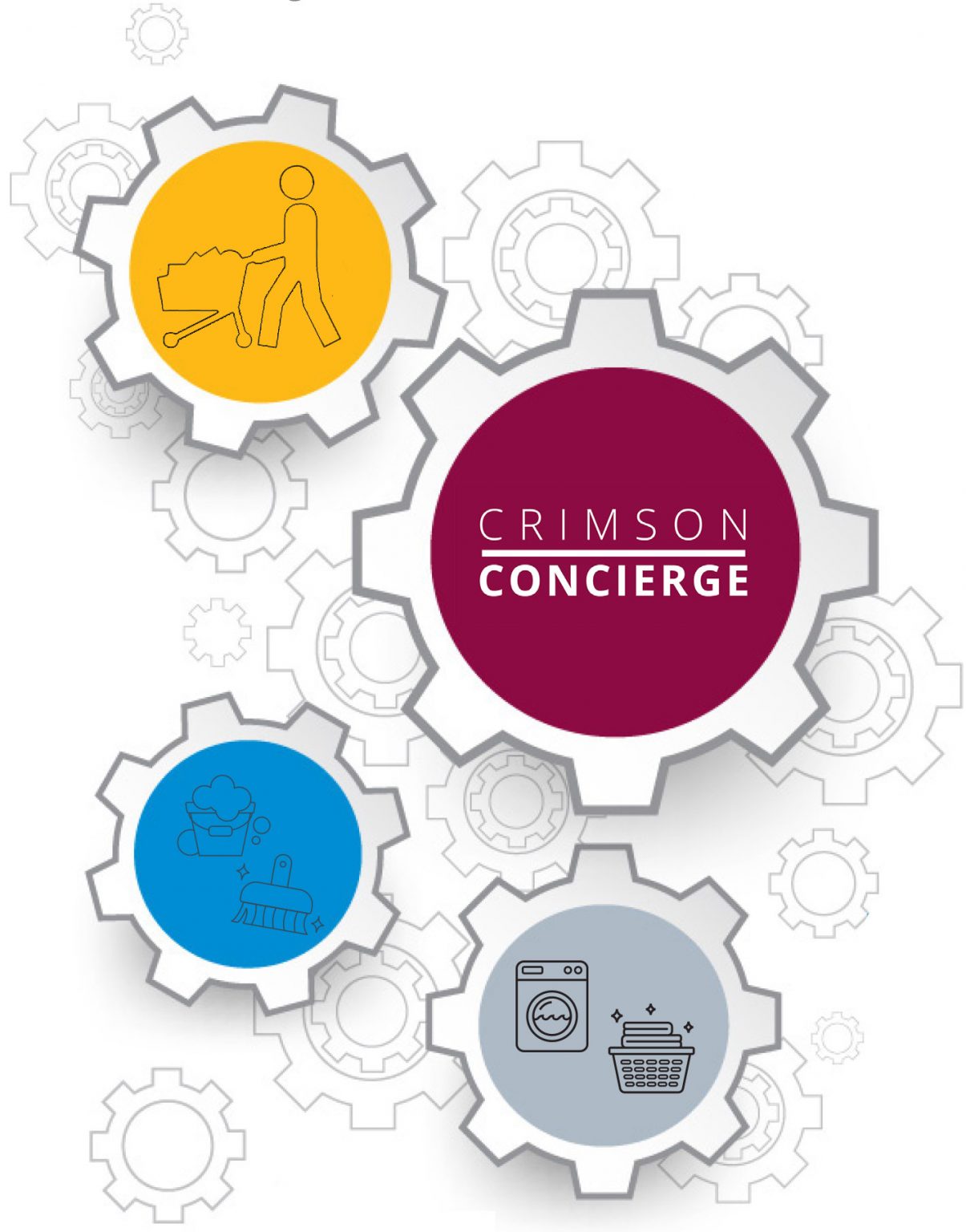 Crimson Concierge Logo featuring four stacked gears with icons showing laundry, sweeping, and cleaning