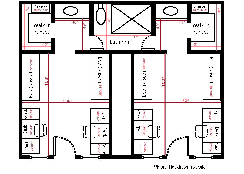 Floor plan of a double occupancy room, suite-style in Garcia Hall