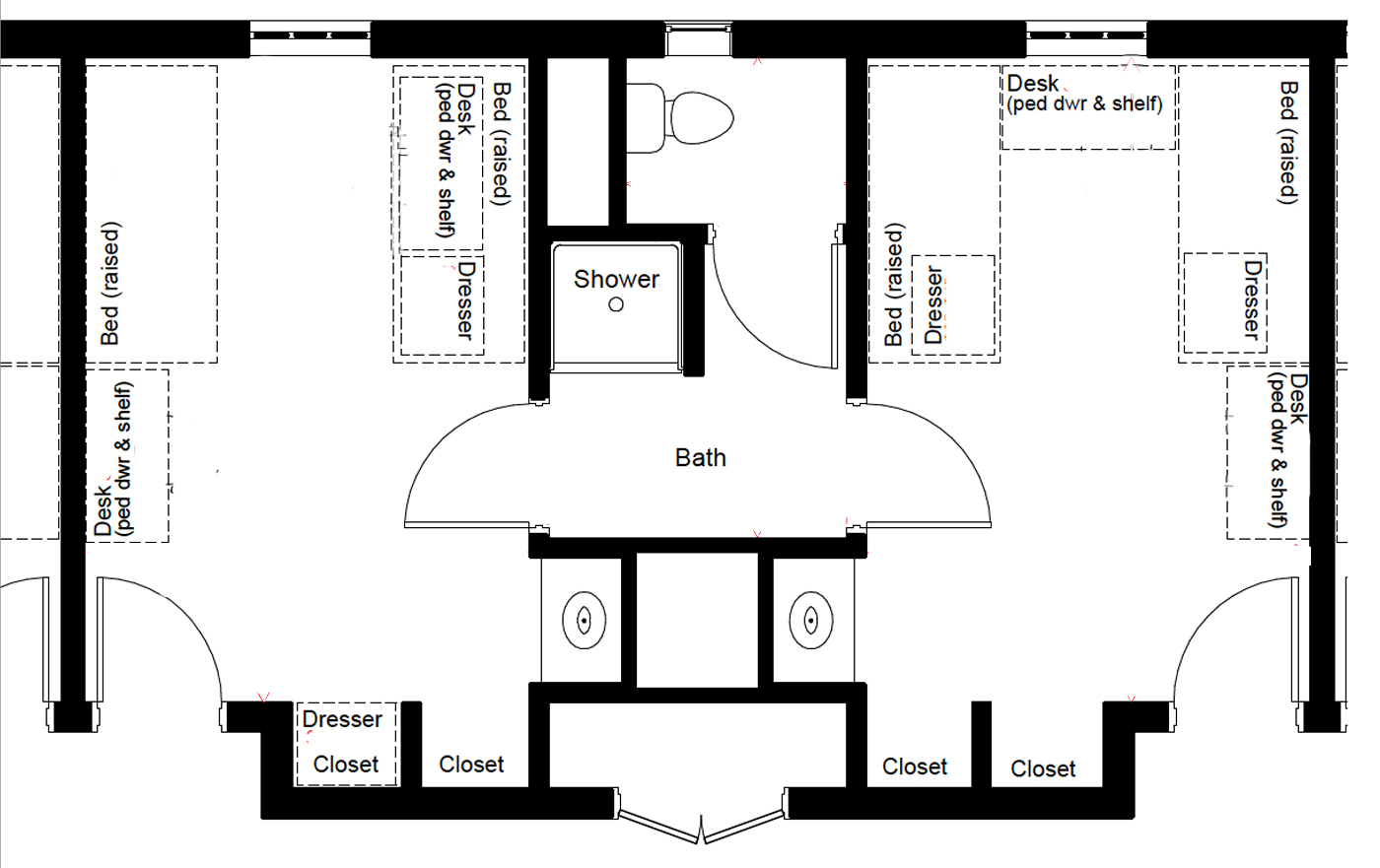 Floor plan of a double occupancy room in Juniper