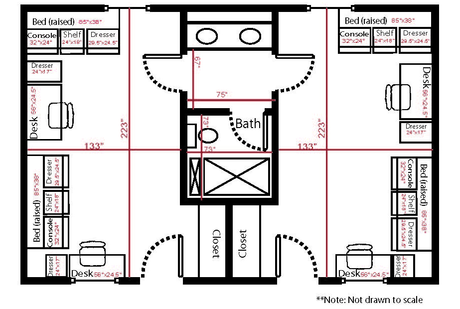 Floor plan of a double occupancy room in Pinon