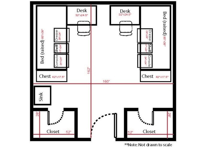 Floor plan of a double occupancy room, communal bath in RGH