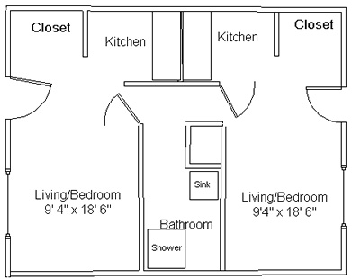 floor plan of a 2 bedroom efficiency apartment in Cervantes village