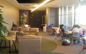 Students talking at a table in the La Vista Learning Center